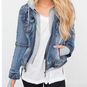 Denim jacket with grey sweater detail